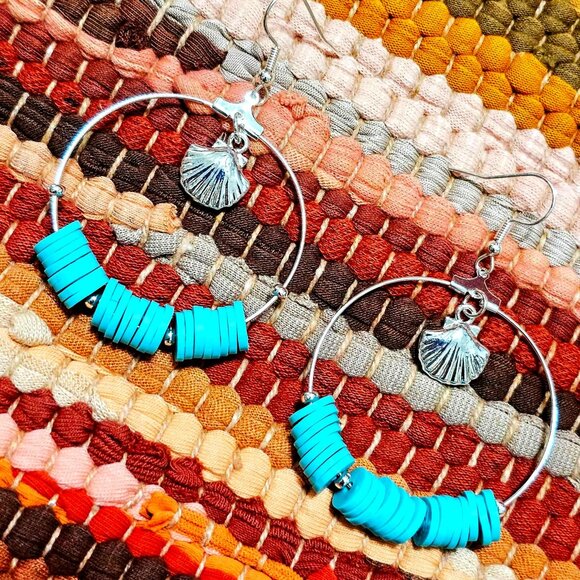 Earrings. Silver Hoops. Seashells. Turquoise Beaded. Pierced. NWT. - Picture 1 of 9